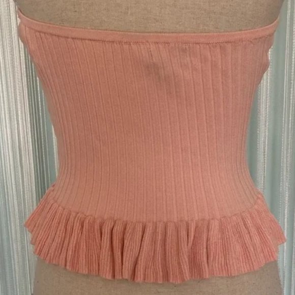 Pink Color Knit Stretchy Ribbed Ruffle Tube Top Size Small - Picture 1 of 15